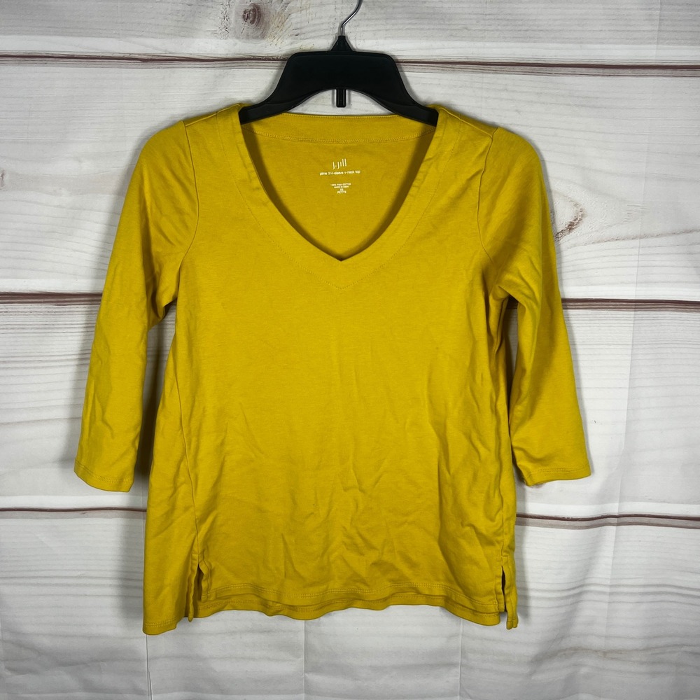 J.Jill Pima 3/4-Sleeve V-Neck Top Womens XS Petite‎ Yellow Solid Pima Cotton Tee